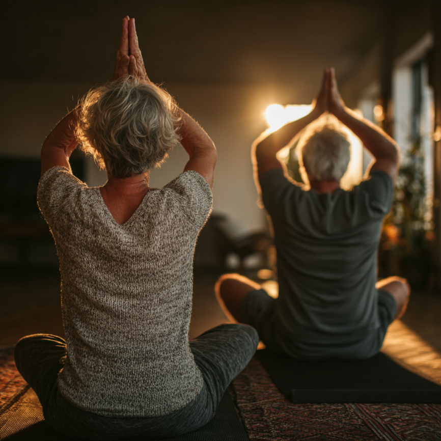 Група людей зрілого віку на занятті йоги
